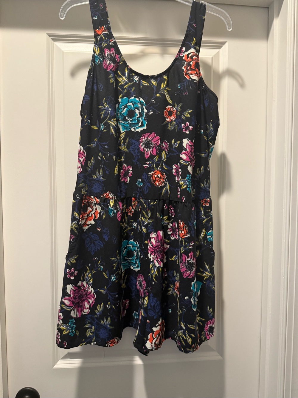 Xhilaration Black Floral Tank Romper with Bright Multicolor Blooms